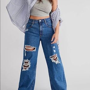 Free People Ellie CERULEAN Extreme Wide Leg Destroyed Jeans Retro